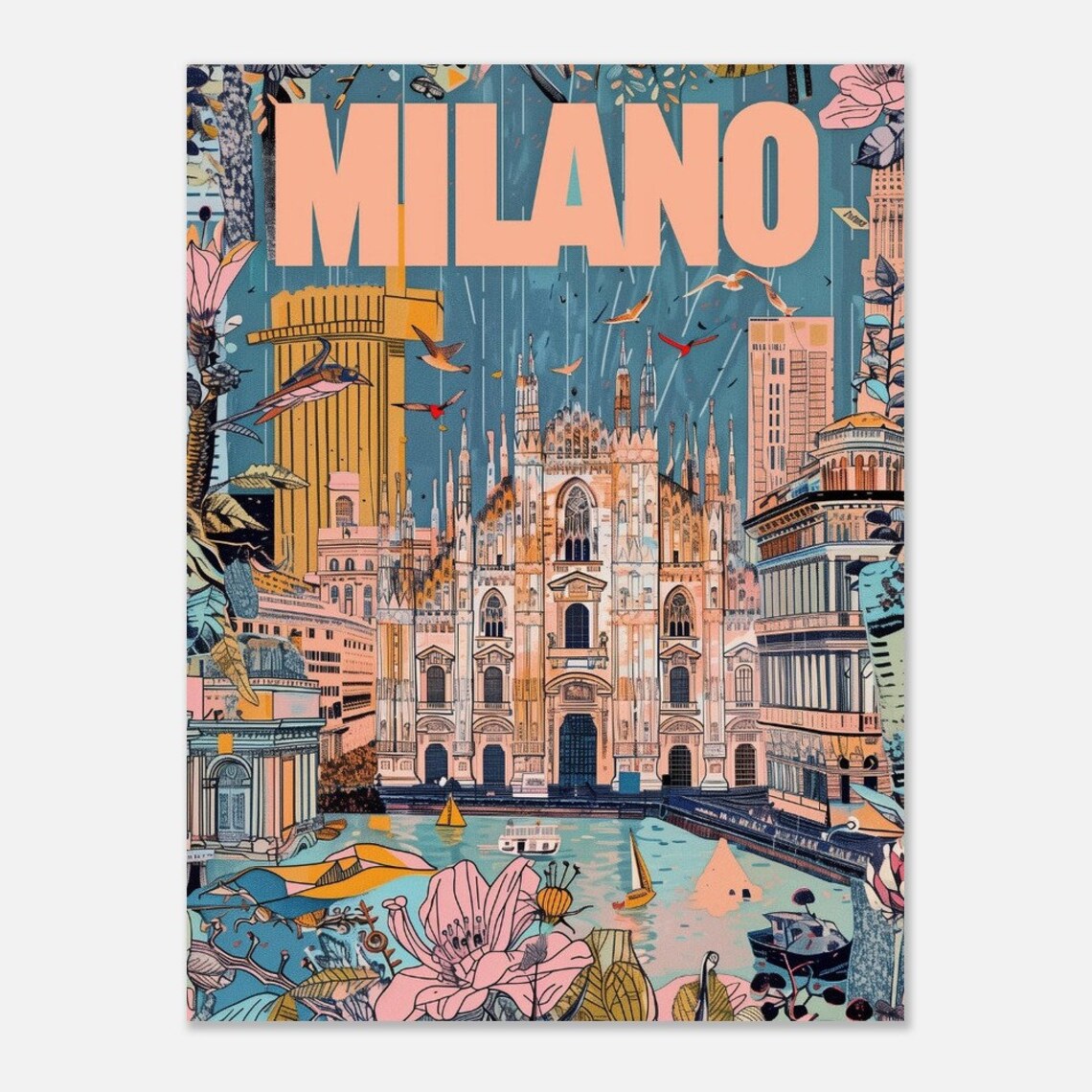Milano Milan Cathedral Flowers Birds Boats Collage Travel Poster - Image 2