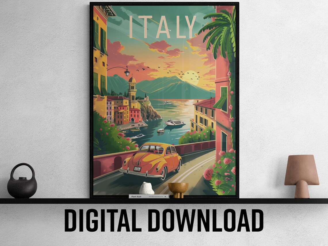Italy Coastal Village Vintage Yellow Car at Sunset Travel Poster