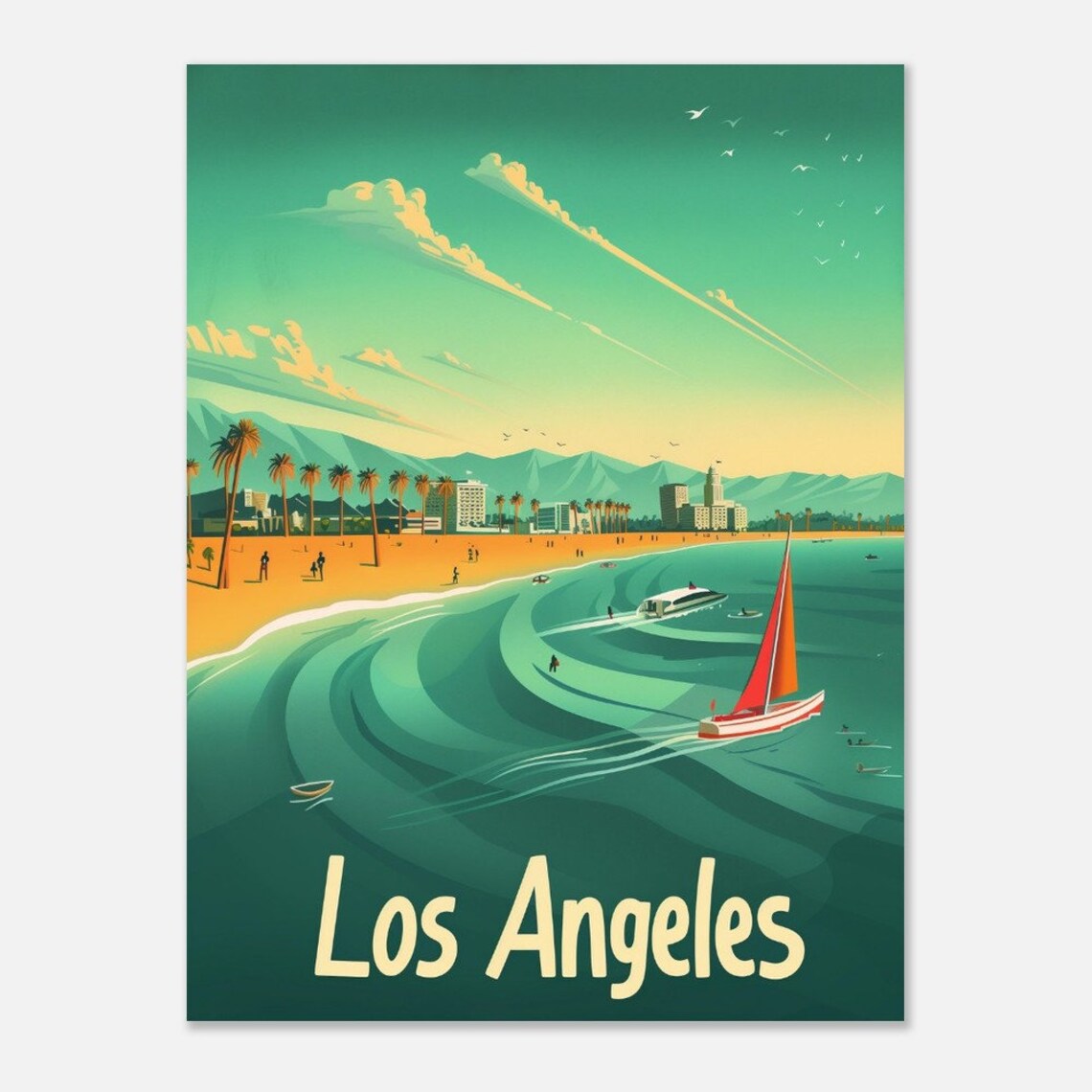 Los Angeles Beach Palms Sailboat Retro California Travel Poster - Image 2