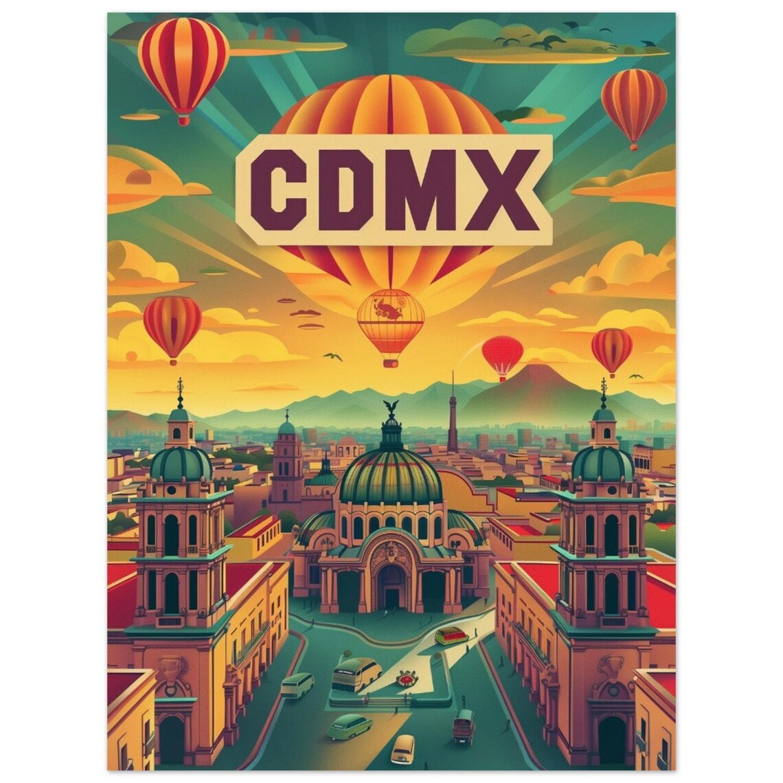 CDMX Hot Air Balloons Cathedral Vintage Mexico City Poster Art - Image 2