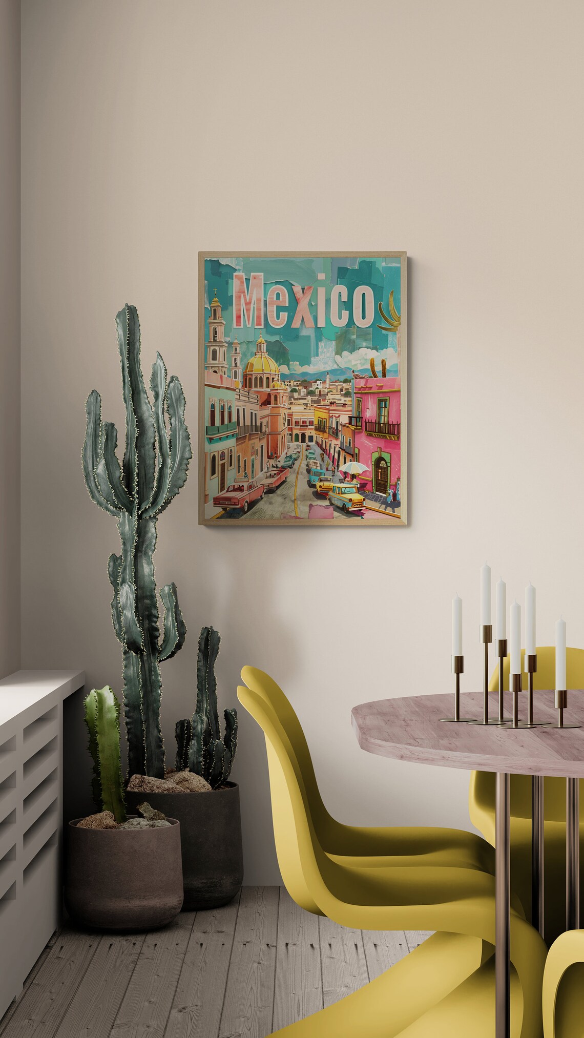 Mexico Colonial Street Cathedral Vintage Cars Collage Style Poster - Image 5