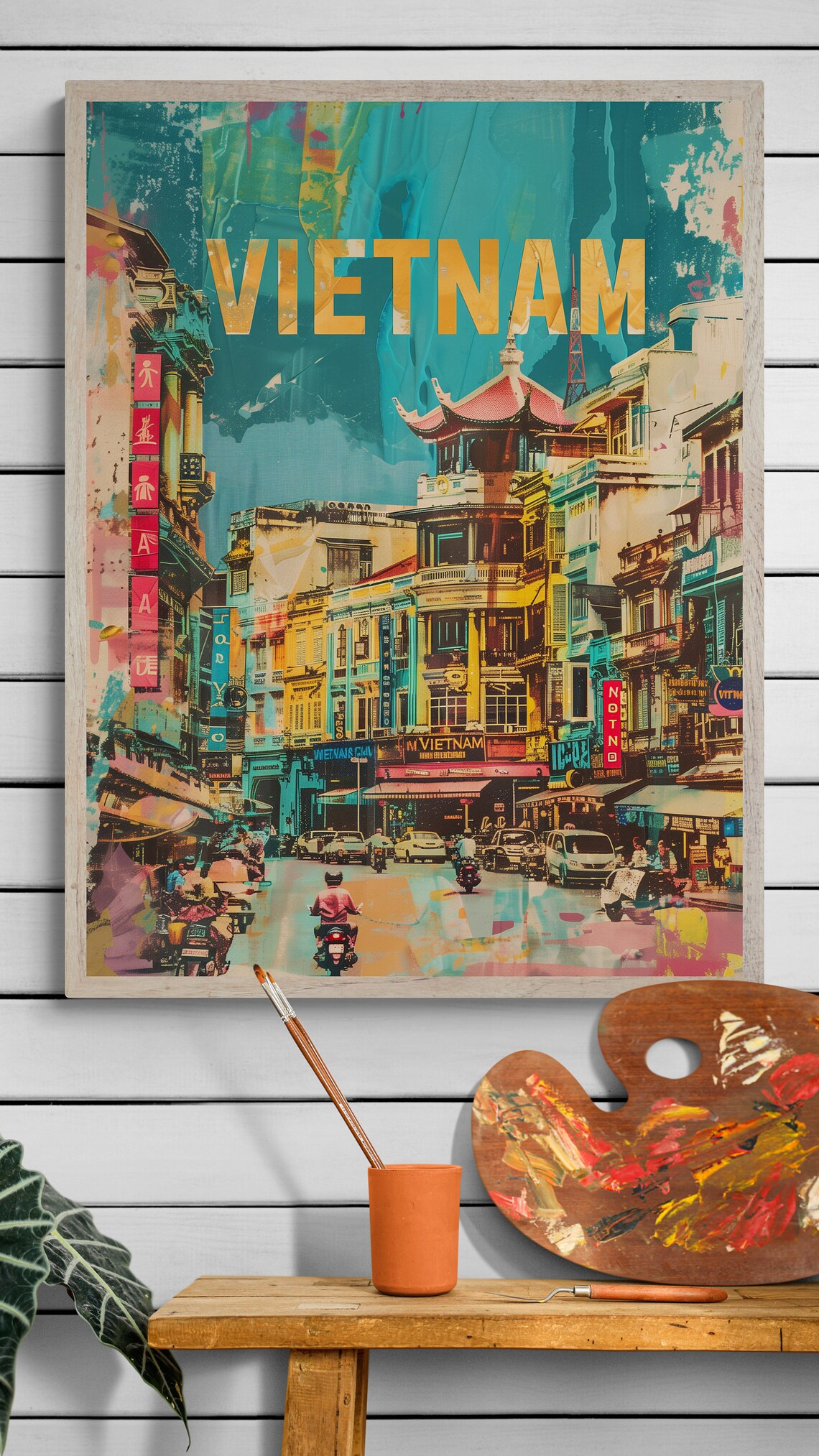 Vietnam Busy City Street Pagoda Motorbikes Painterly Travel Poster - Image 5