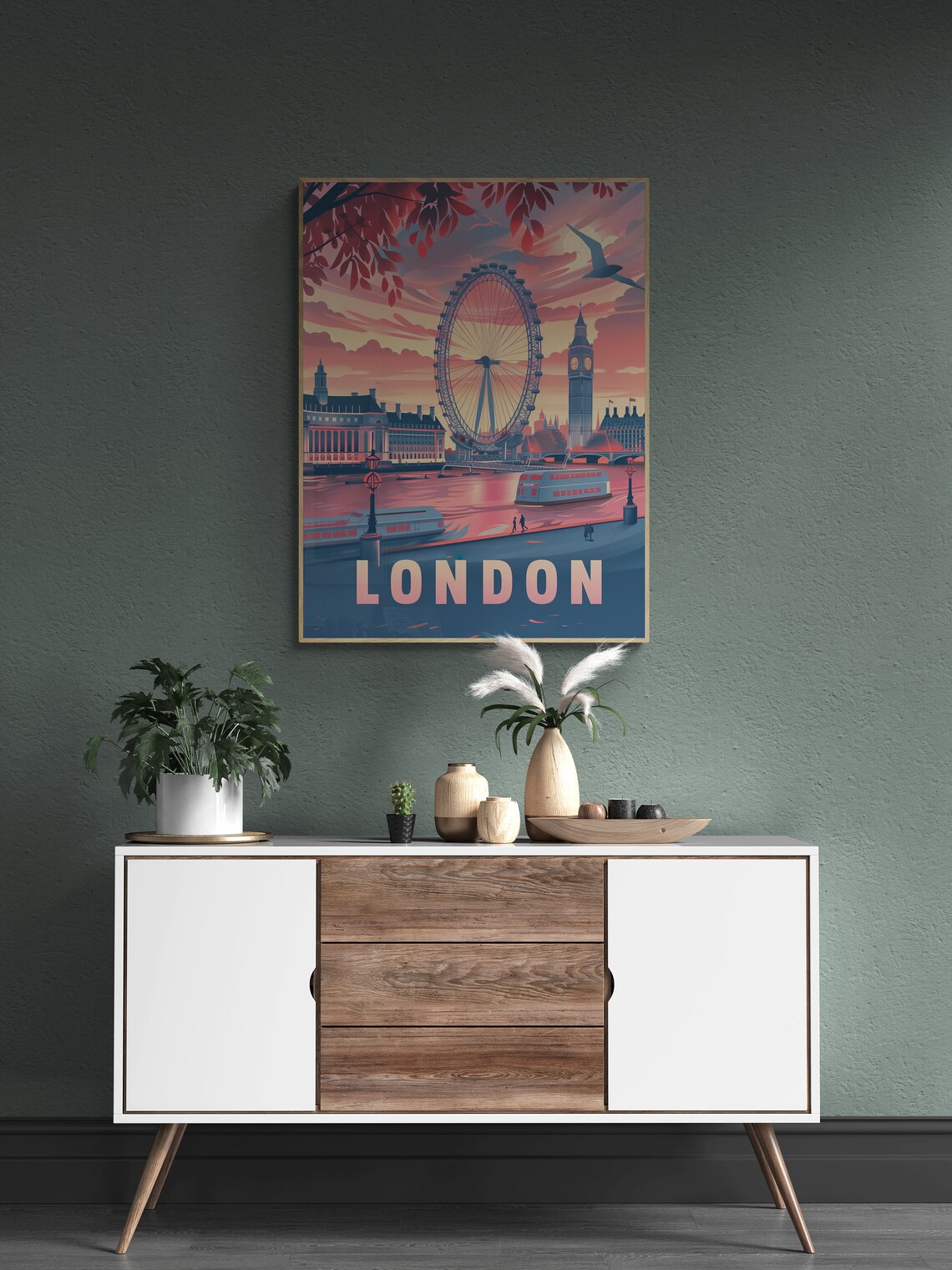 London Eye River Thames Sunset Landmarks Retro Travel Poster