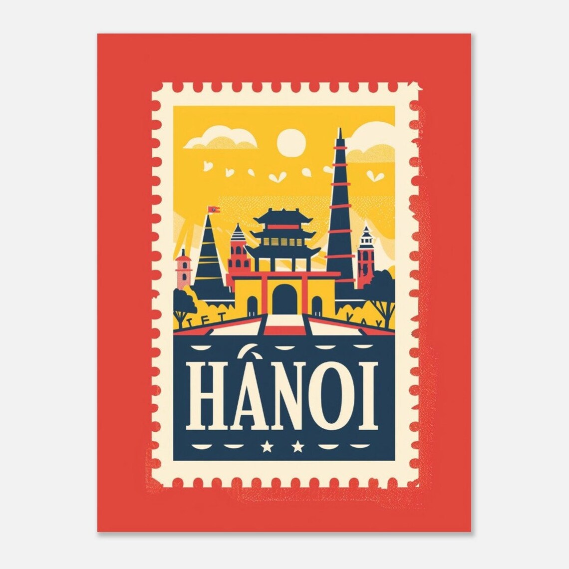 Hanoi Vietnam Temple Gate Flag Tower Retro Stamp Travel Poster - Image 2