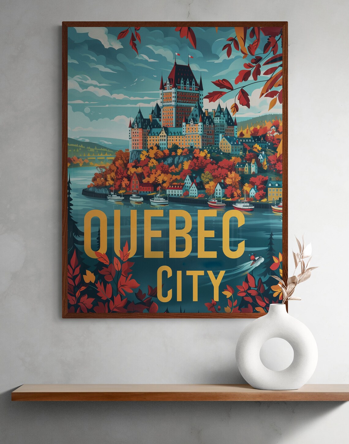 Quebec City Chateau Frontenac Harbor Autumn Foliage Travel Poster