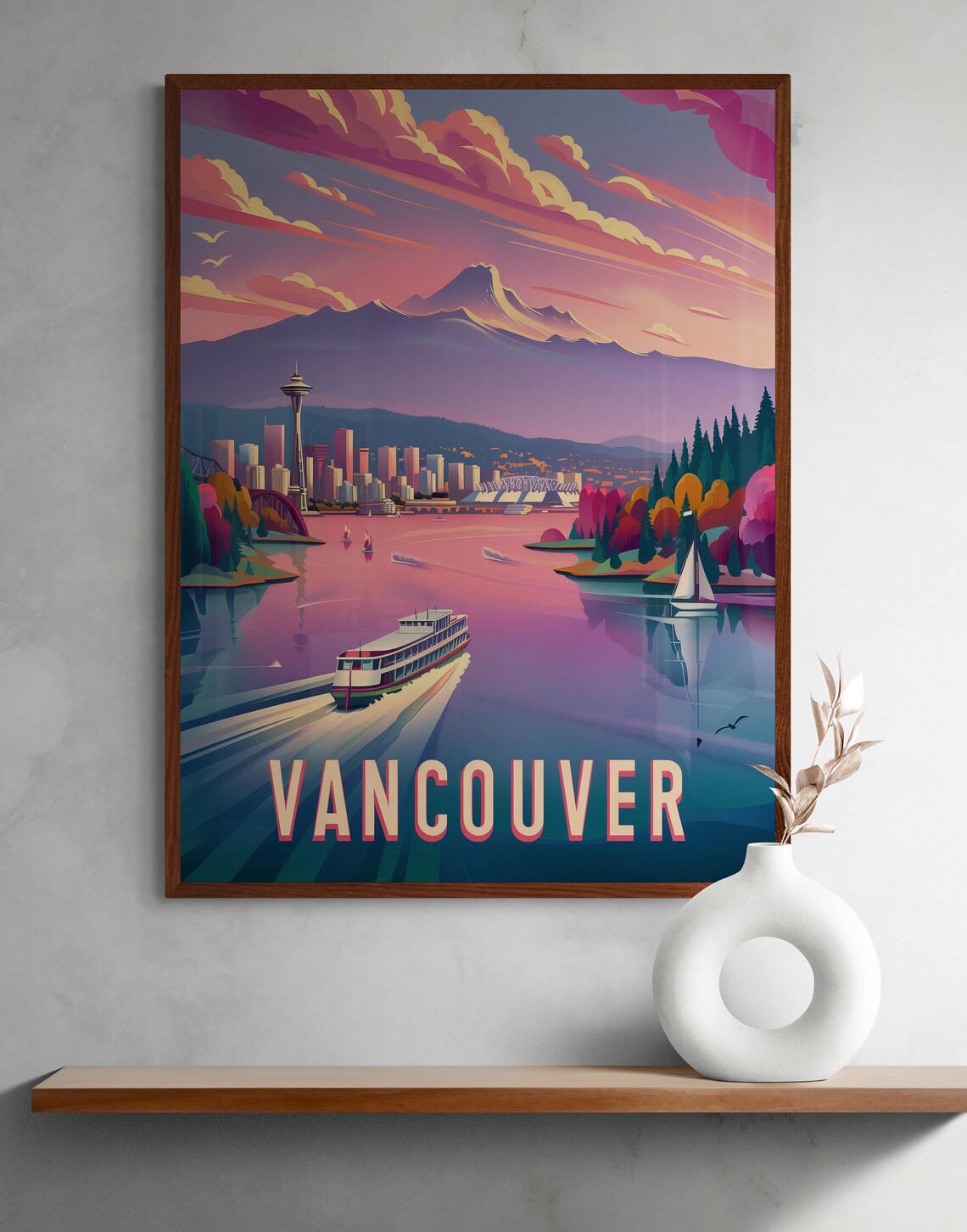 Vancouver Bay Ferry Wake Sailboats Pink Sunset Shore Travel Poster - Image 2