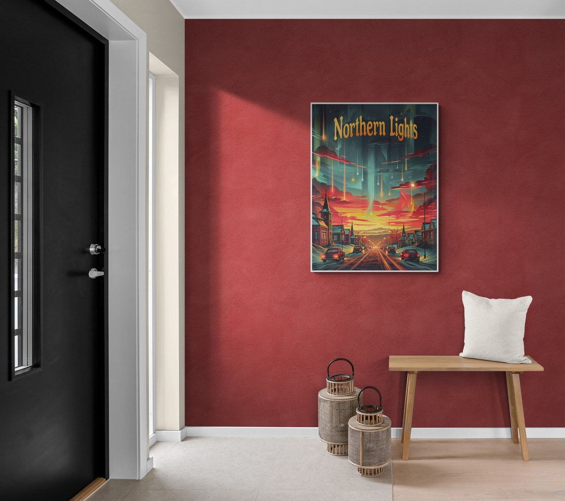 Northern Lights Retro Poster Vibrant Aurora Borealis Scene Framed Wall Art Perfect Housewarming Gift - Image 5