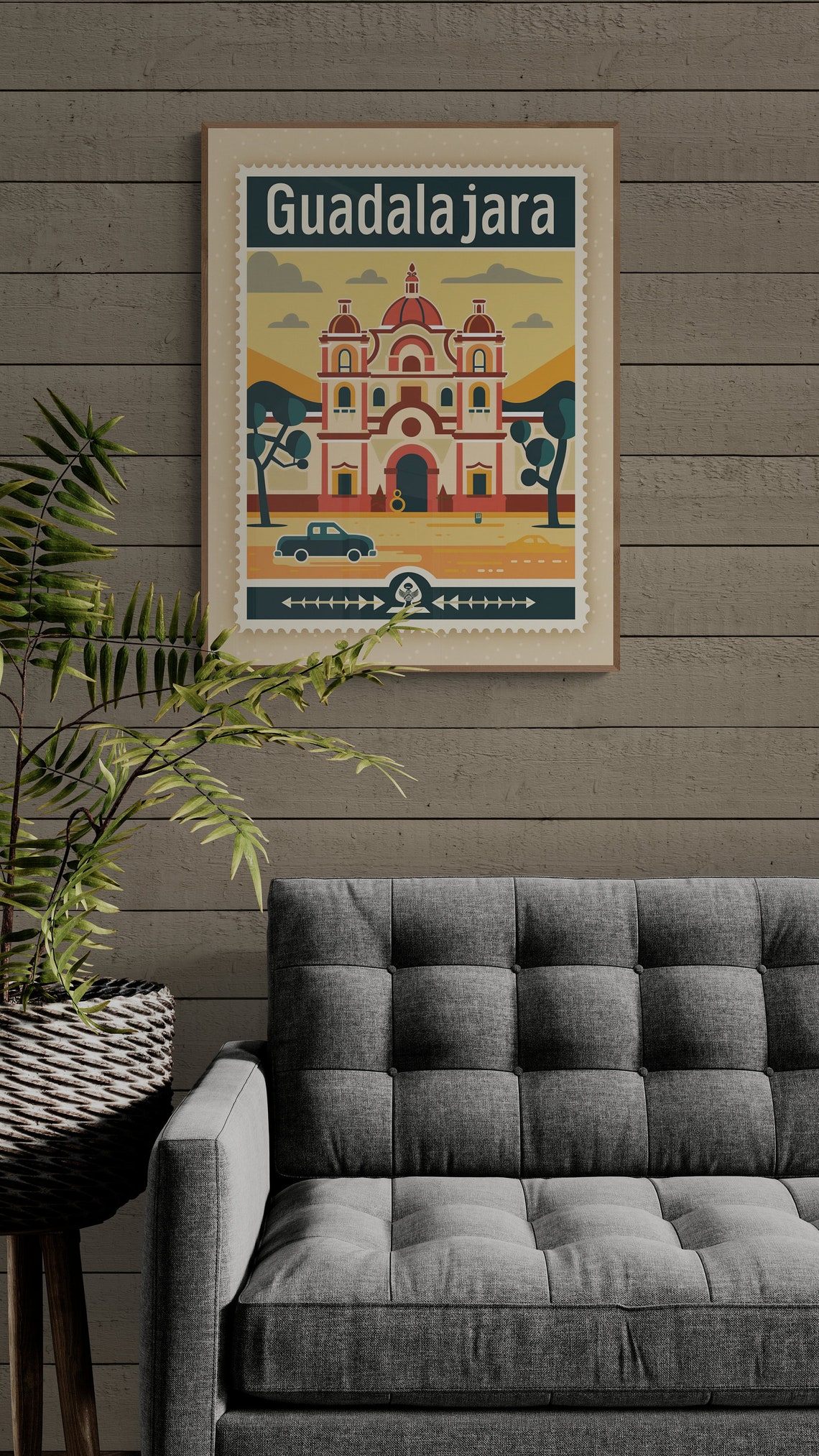 Guadalajara Mexico Church Domes Vintage Car Stamp Style Poster - Image 3