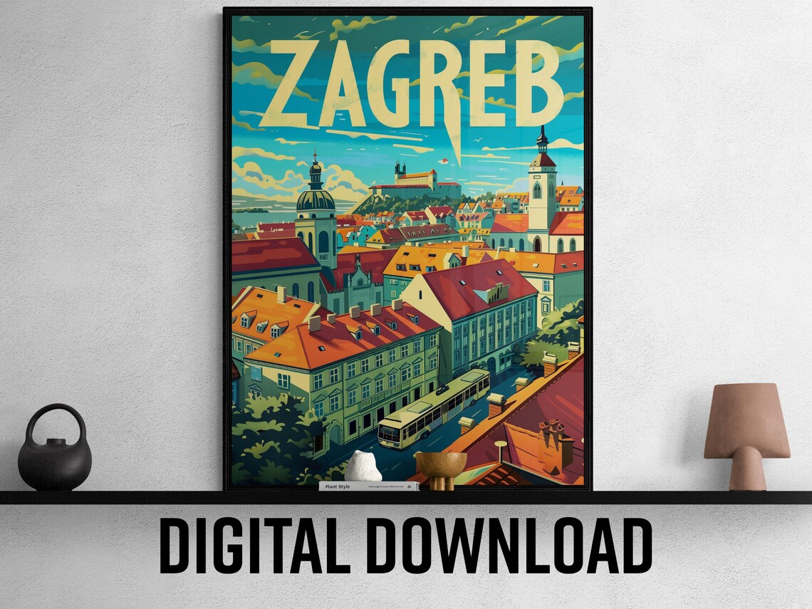 Zagreb Old Town Rooftops Cathedral Tram Sunny Sky Travel Poster - Image 2