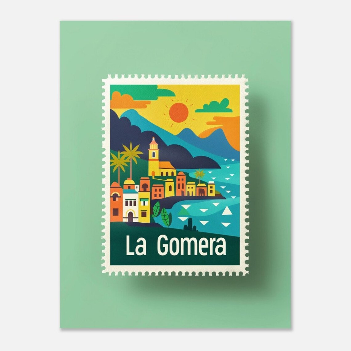 La Gomera Coastal Town Mountains Sun Postage Stamp Style Travel Poster - Image 2