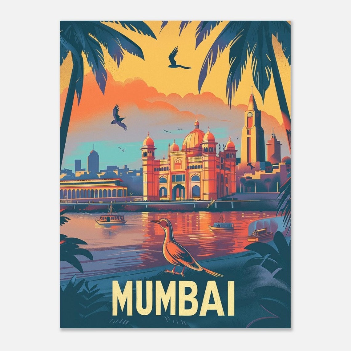 Mumbai Waterfront Palace Bird Sunset Retro India Travel Poster - Image 2
