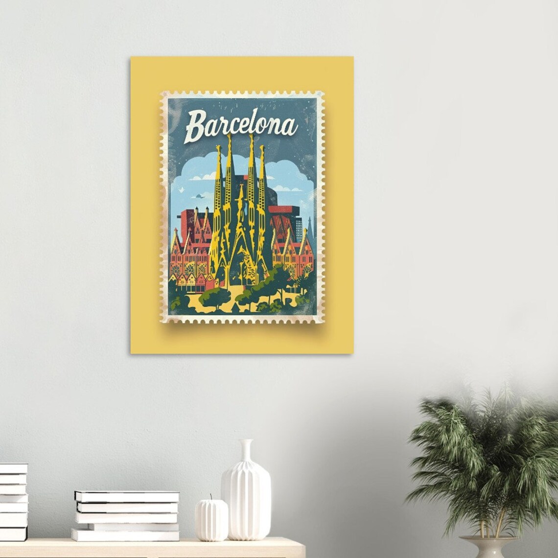 Barcelona Sagrada Familia Cathedral Stamp Style Spain Travel Poster - Image 3