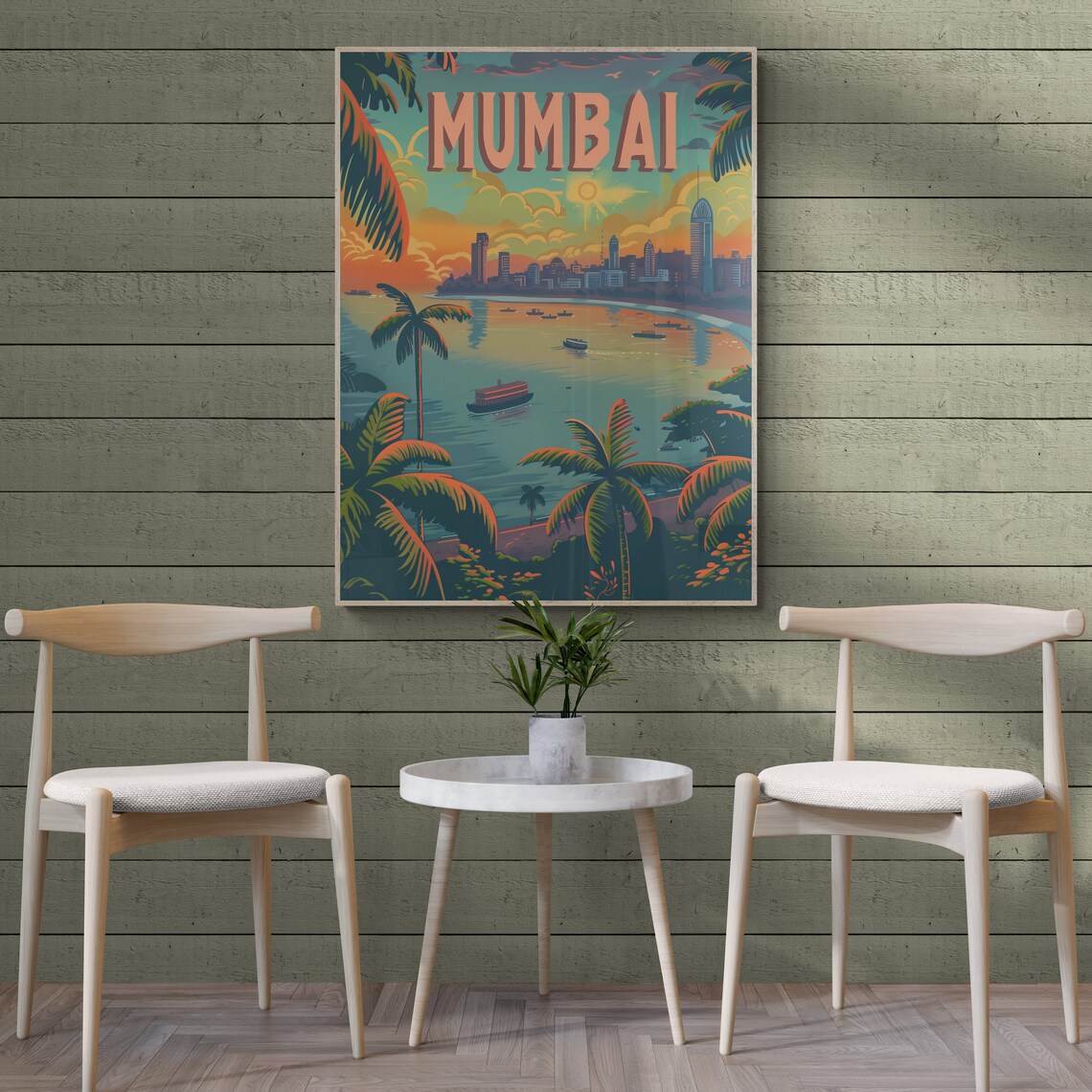 Mumbai India Marine Drive Palm Trees Bay Sunset Vintage Travel Poster - Image 5