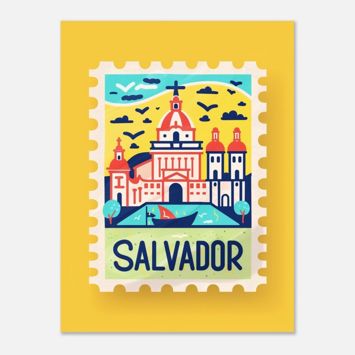Salvador Brazil Colonial Church Harbor Stamp Travel Art Poster - Image 2