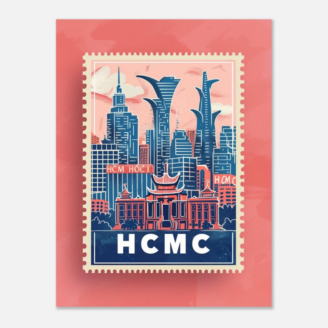 Ho Chi Minh City Skyline Vintage Colonial Stamp Style Travel Poster - Image 2