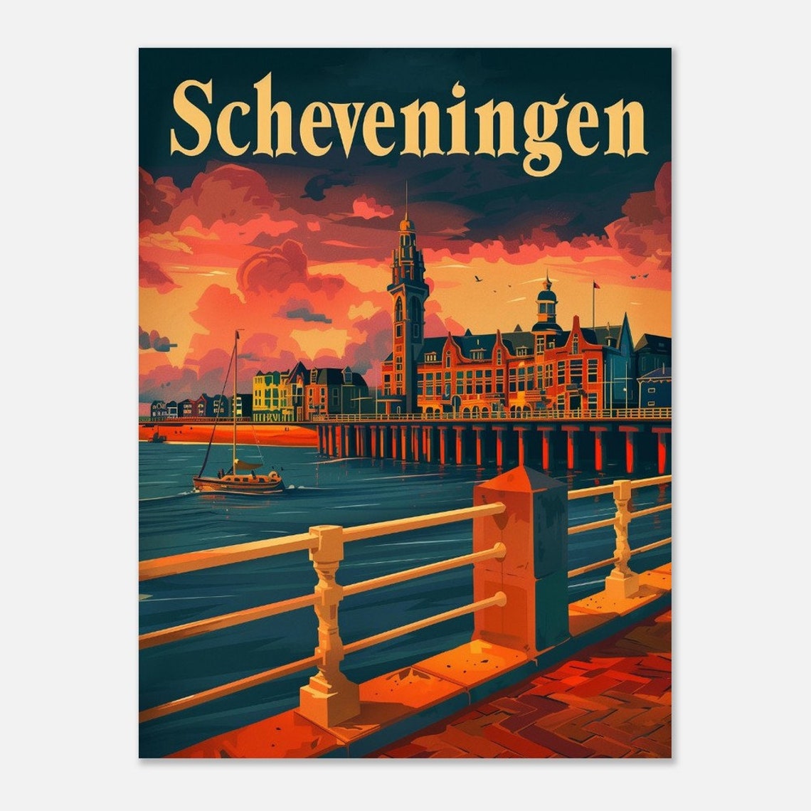 Scheveningen Pier Beach Sunset Retro Netherlands Travel Poster - Image 2