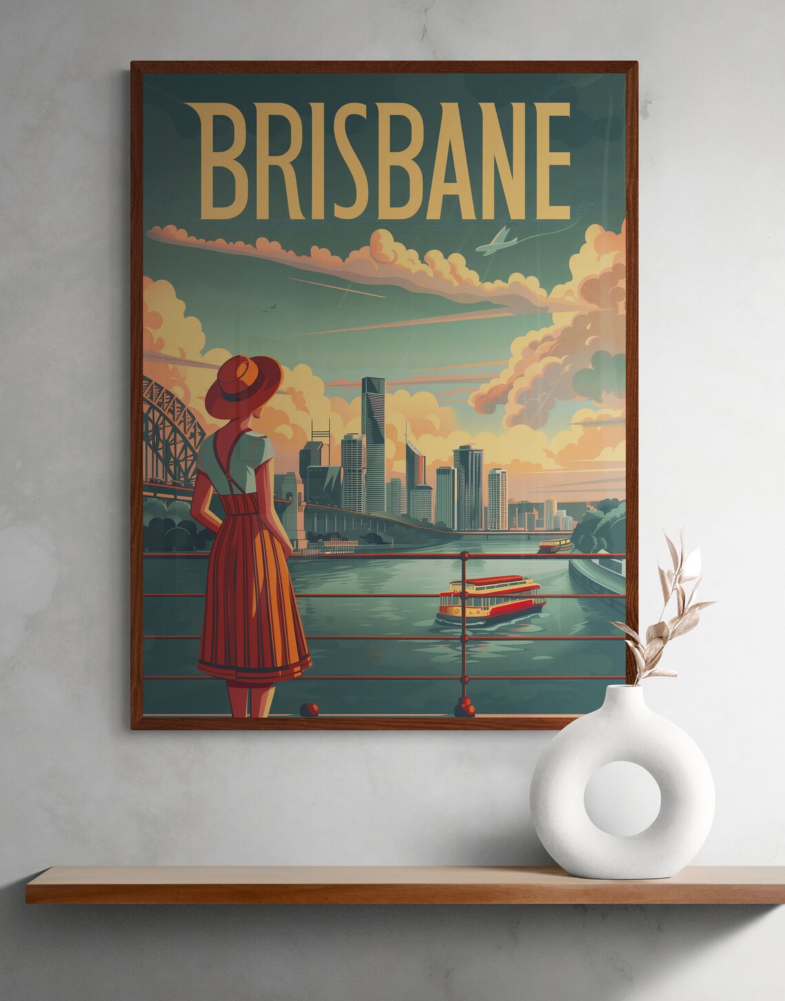 Brisbane Story Bridge Skyline and River Ferry Vintage Travel Poster