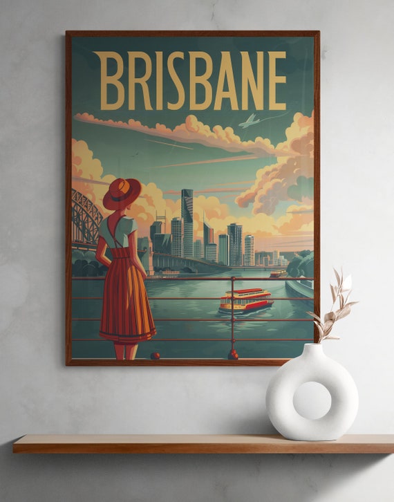 Brisbane Colorful Vintage Poster Retro Scenic Wall Art Home Decor Print Travel Enthusiast Gift