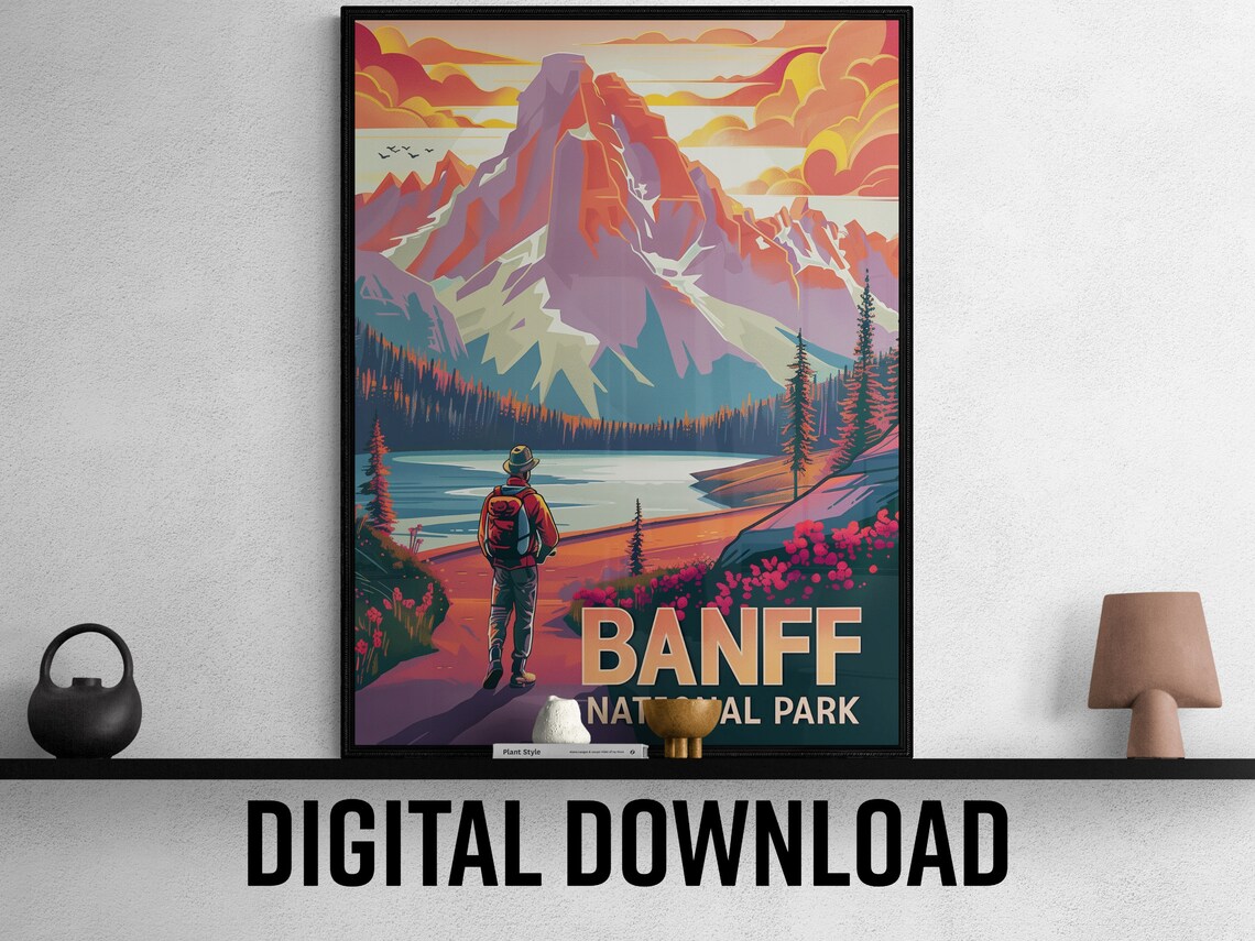 Banff National Park Mountain Lake Hiker Trail Wildflowers Travel Poster - Image 2