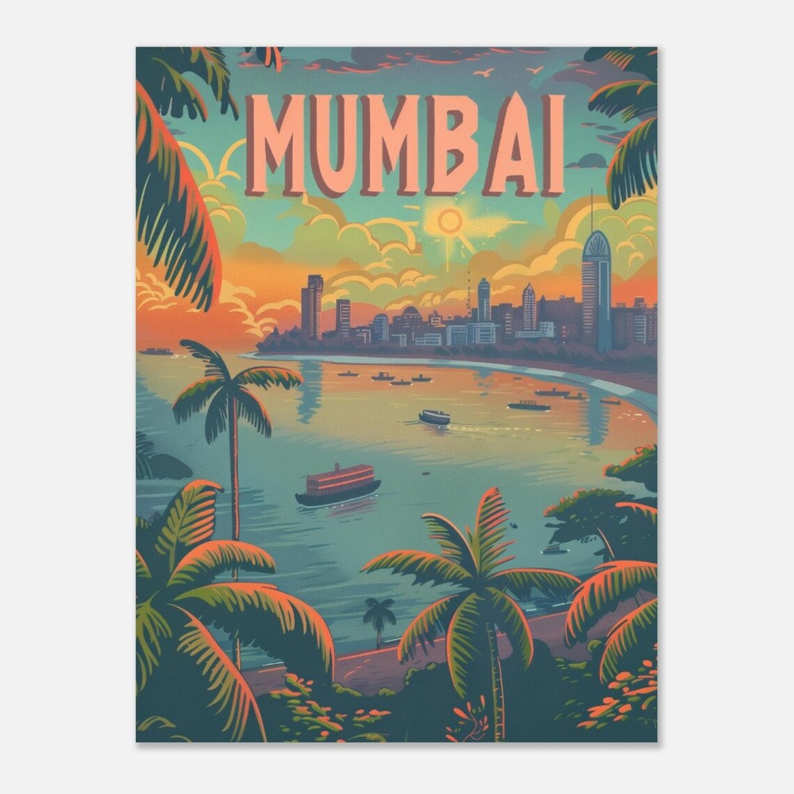 Mumbai India Marine Drive Palm Trees Bay Sunset Vintage Travel Poster - Image 2