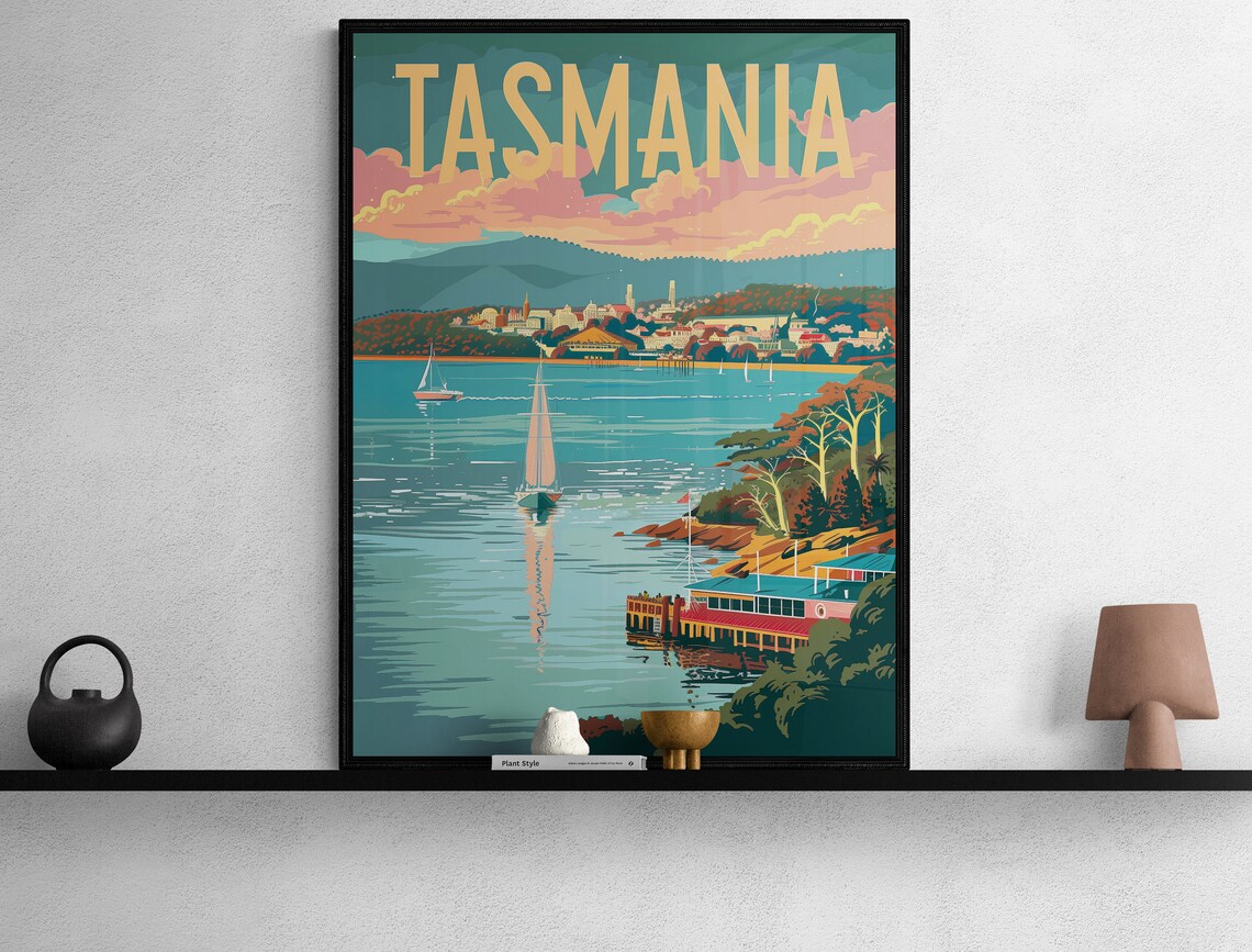 Tasmania Harbor Sailboats and Waterfront Town Vintage Travel Poster - Image 2
