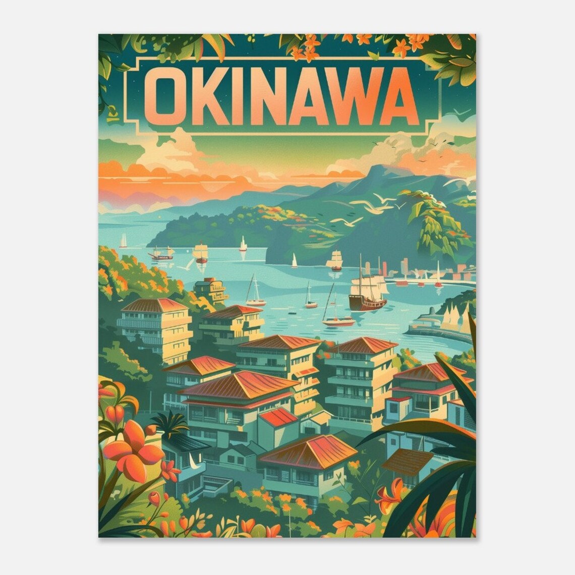 Okinawa Harbor Sunset Vintage Japanese Tropical Travel Poster Art - Image 2