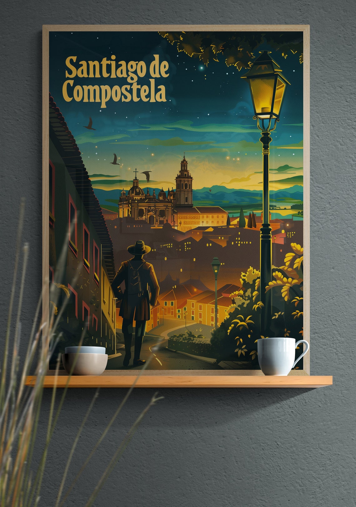 Santiago de Compostela Cathedral Night Pilgrim Vintage Travel Poster - Image 3