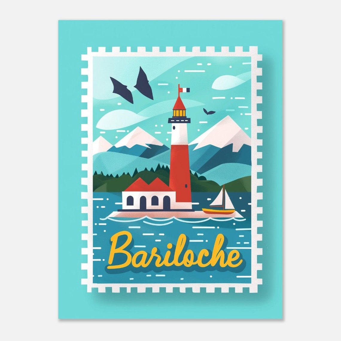 Bariloche Lighthouse Mountain Lake Vintage Travel Stamp Poster - Image 2