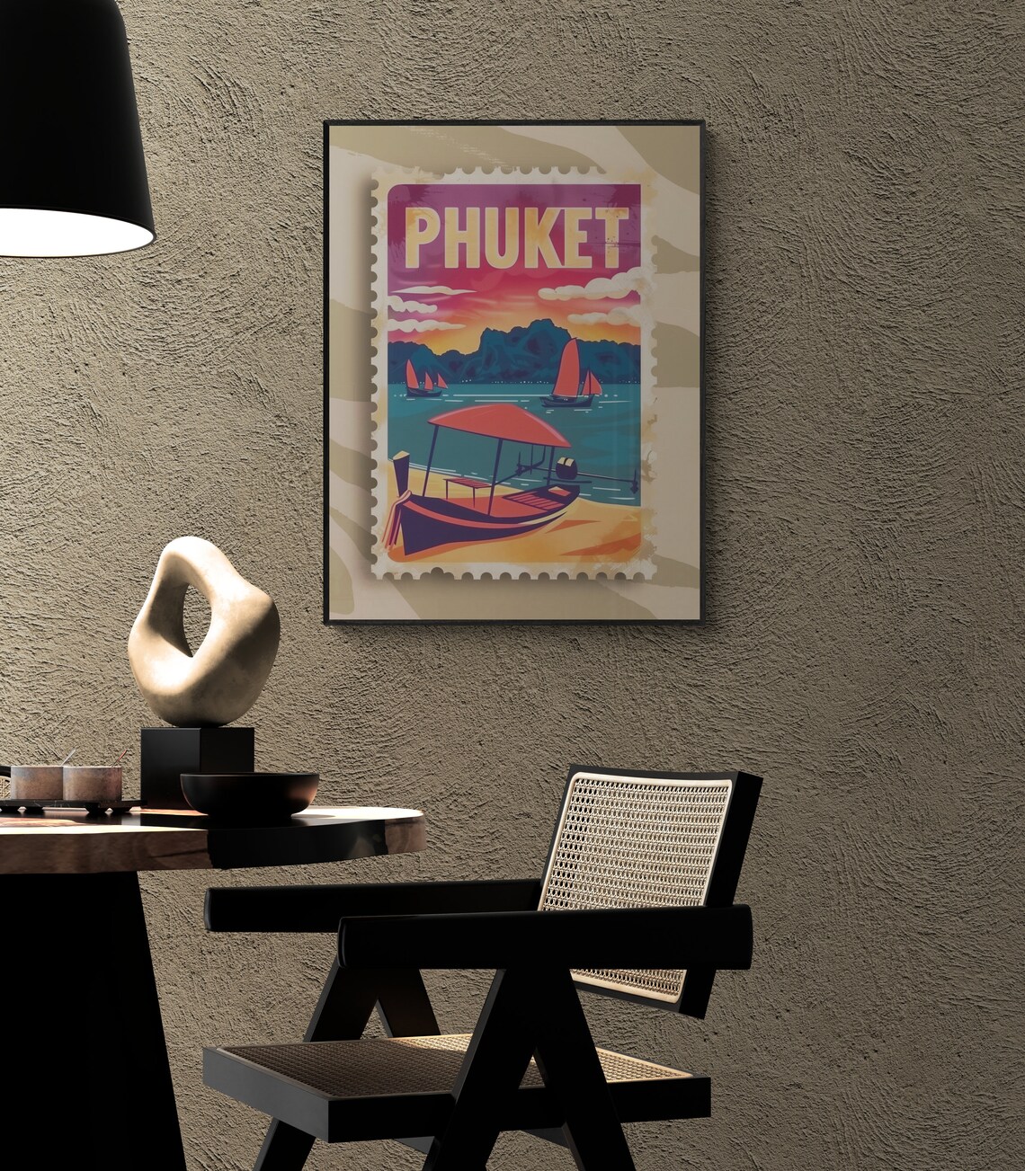 Phuket Thailand Beach Sunset Longtail Boat Stamp Travel Poster - Image 5