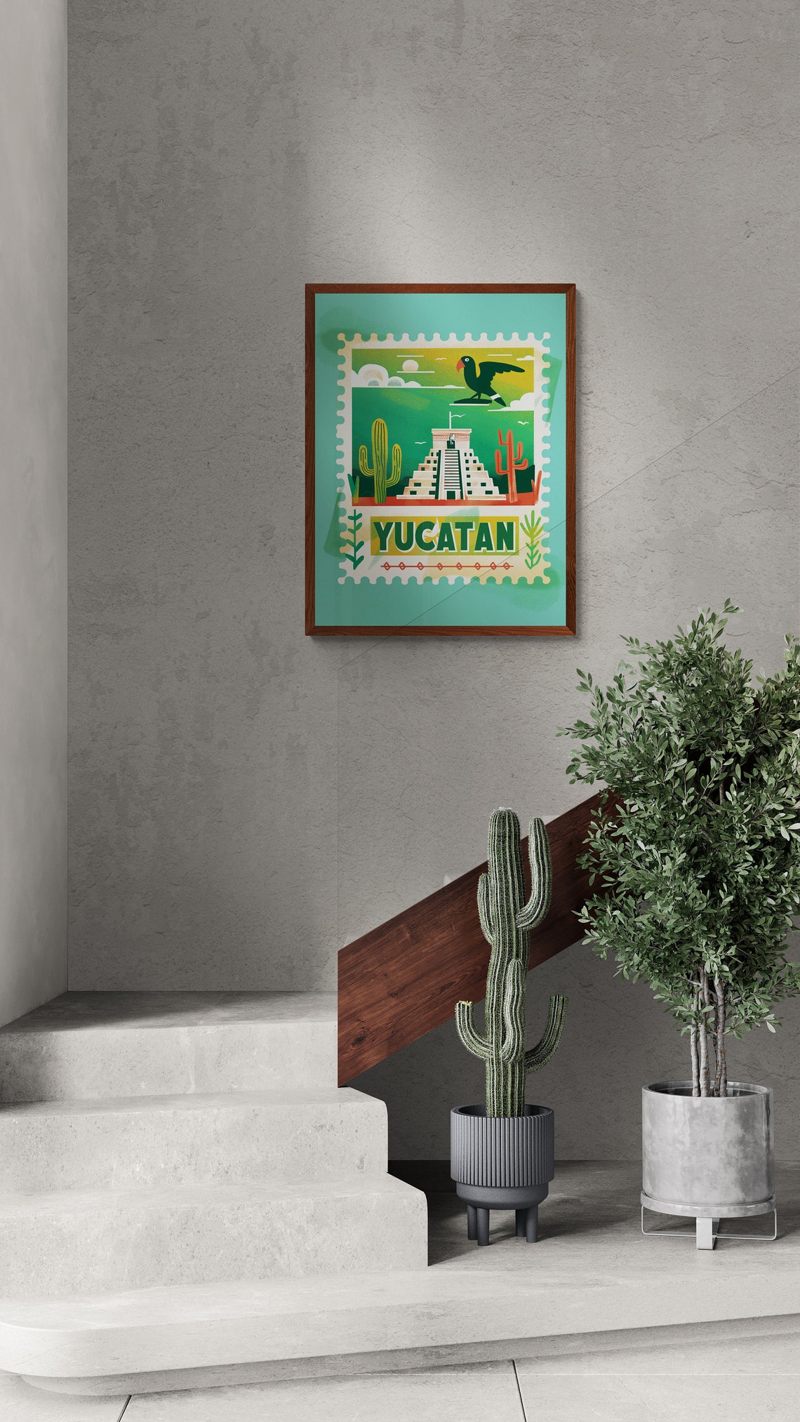 Yucatan Mexico Mayan Pyramid Cactus Stamp Style Travel Poster - Image 3