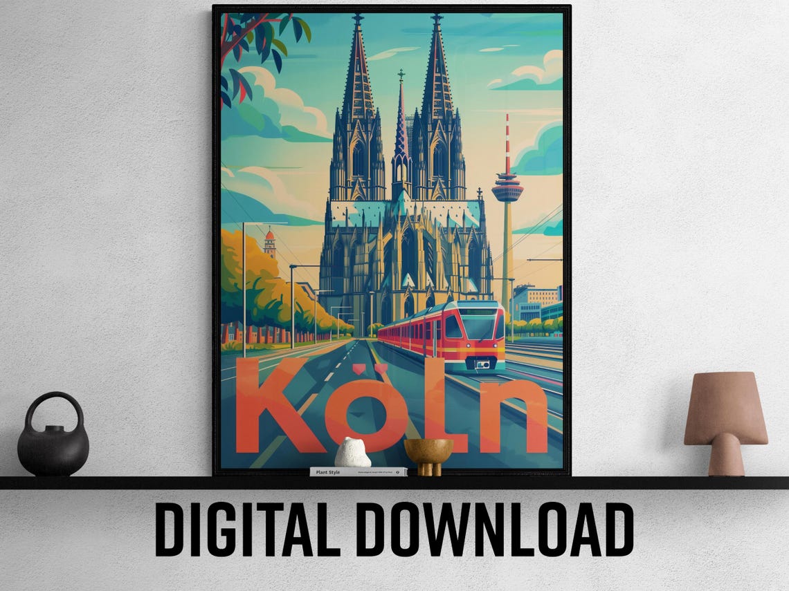 Köln Germany Cathedral with Red Tram Cityscape Vintage Travel Poster