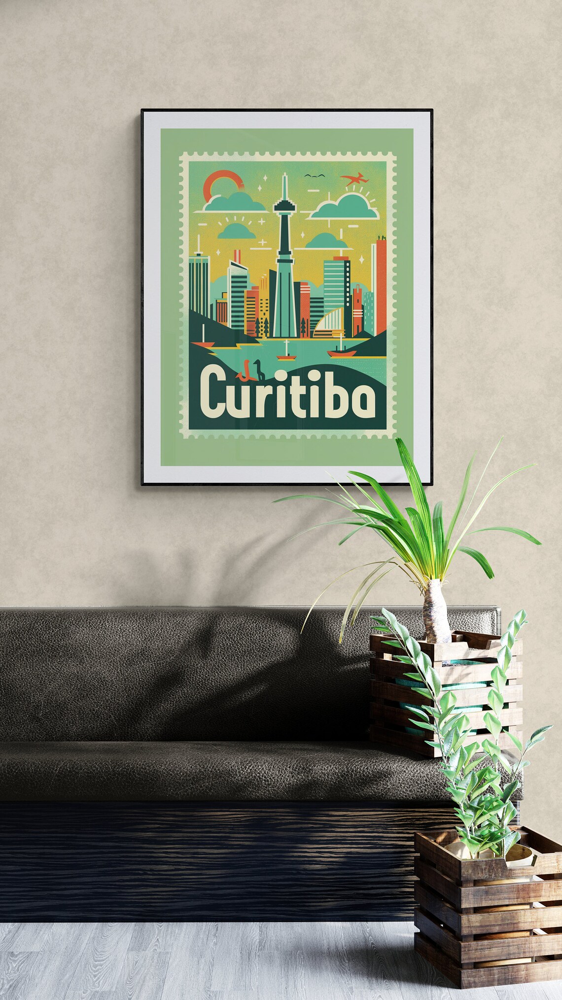 Curitiba Brazil Skyline Tower Boats Vintage Travel Stamp Poster - Image 3