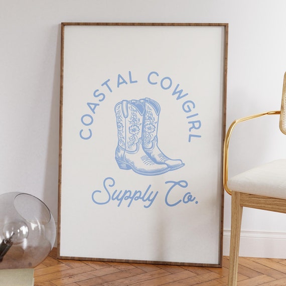 Coastal Blue Cowboy Boots Print Trendy Cowgirl Poster Minimalist Western Wall Art Coastal Cowgirl Art Modern Wild West Decor