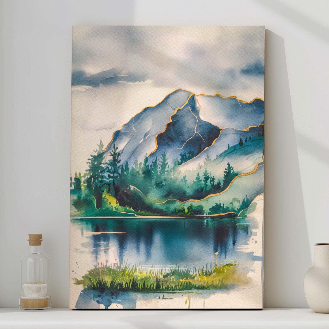 Watercolor Mountain Lake Gold Lined Peaks Pine Forest Serene Poster