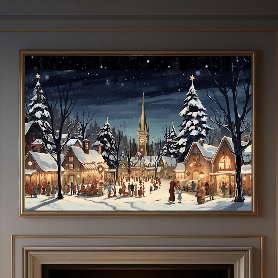 Festive Snowy Christmas Town Square at Night Winter Scene Poster