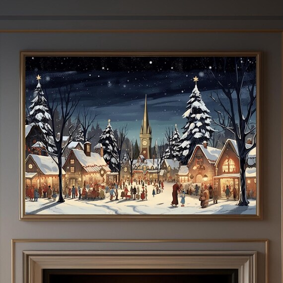 Festive Snowy Christmas Town Square at Night Winter Scene Poster