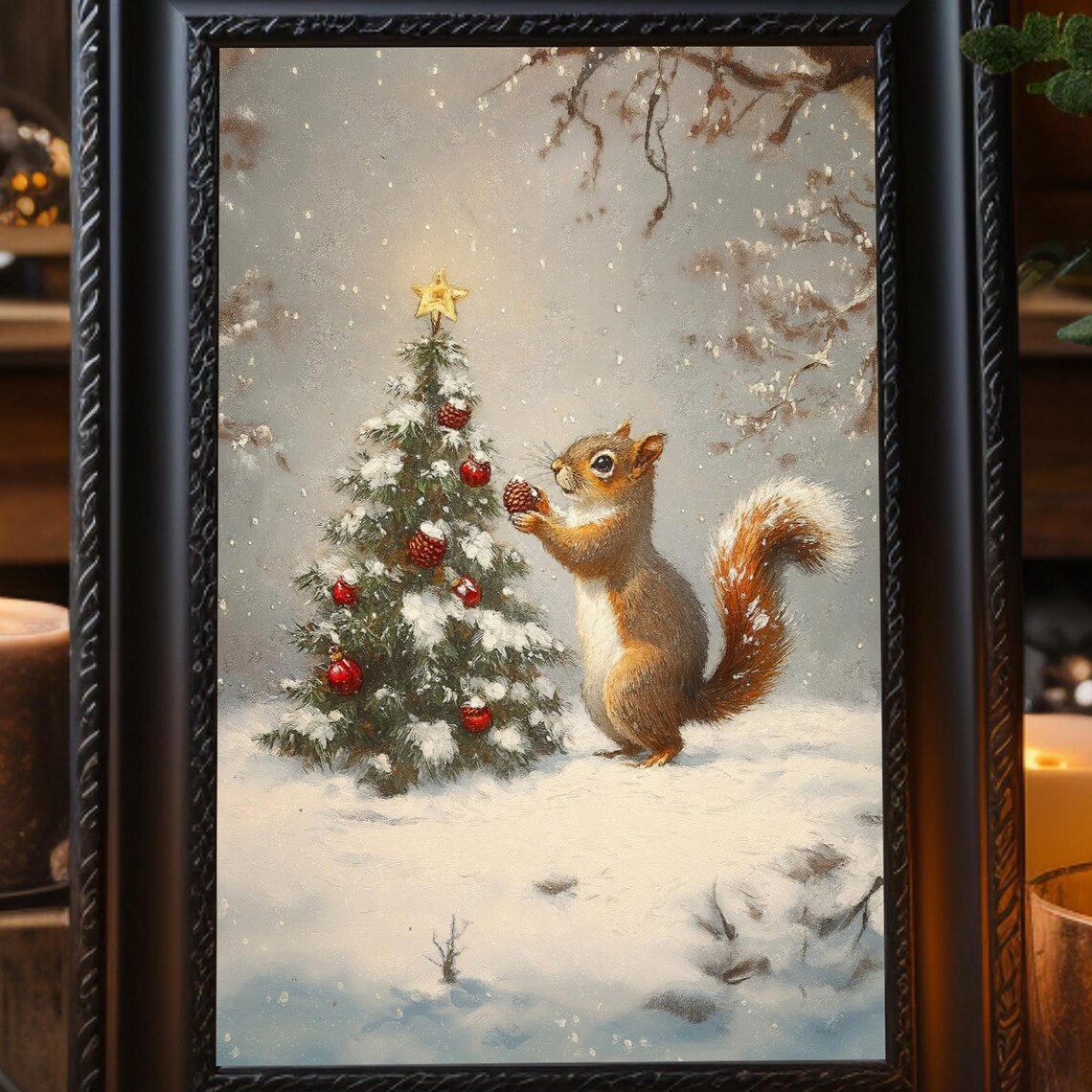 Squirrel Decorates Tree Art Print, Wildlife Wall Art