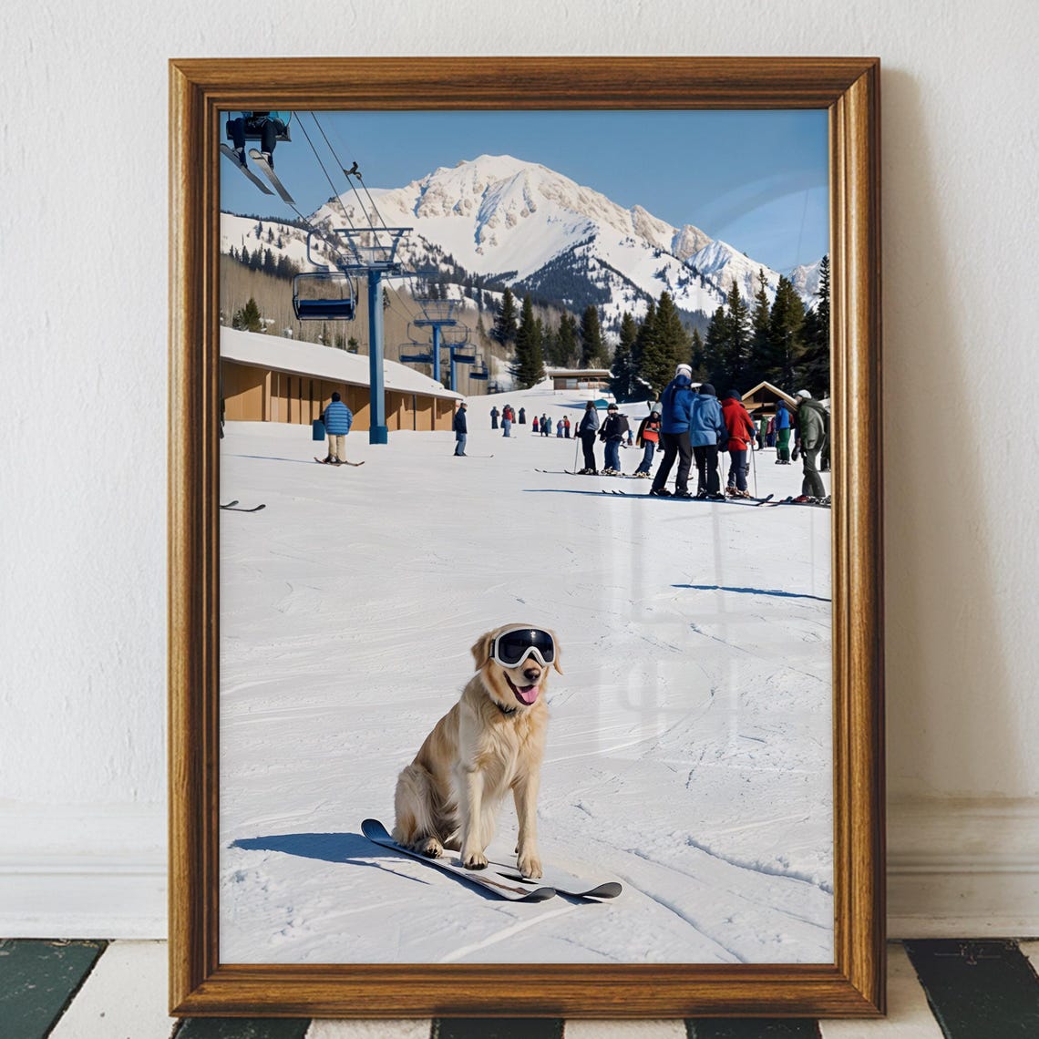 Golden Retriever Ski Goggles Snowy Resort Funny Winter Dog Art Poster
