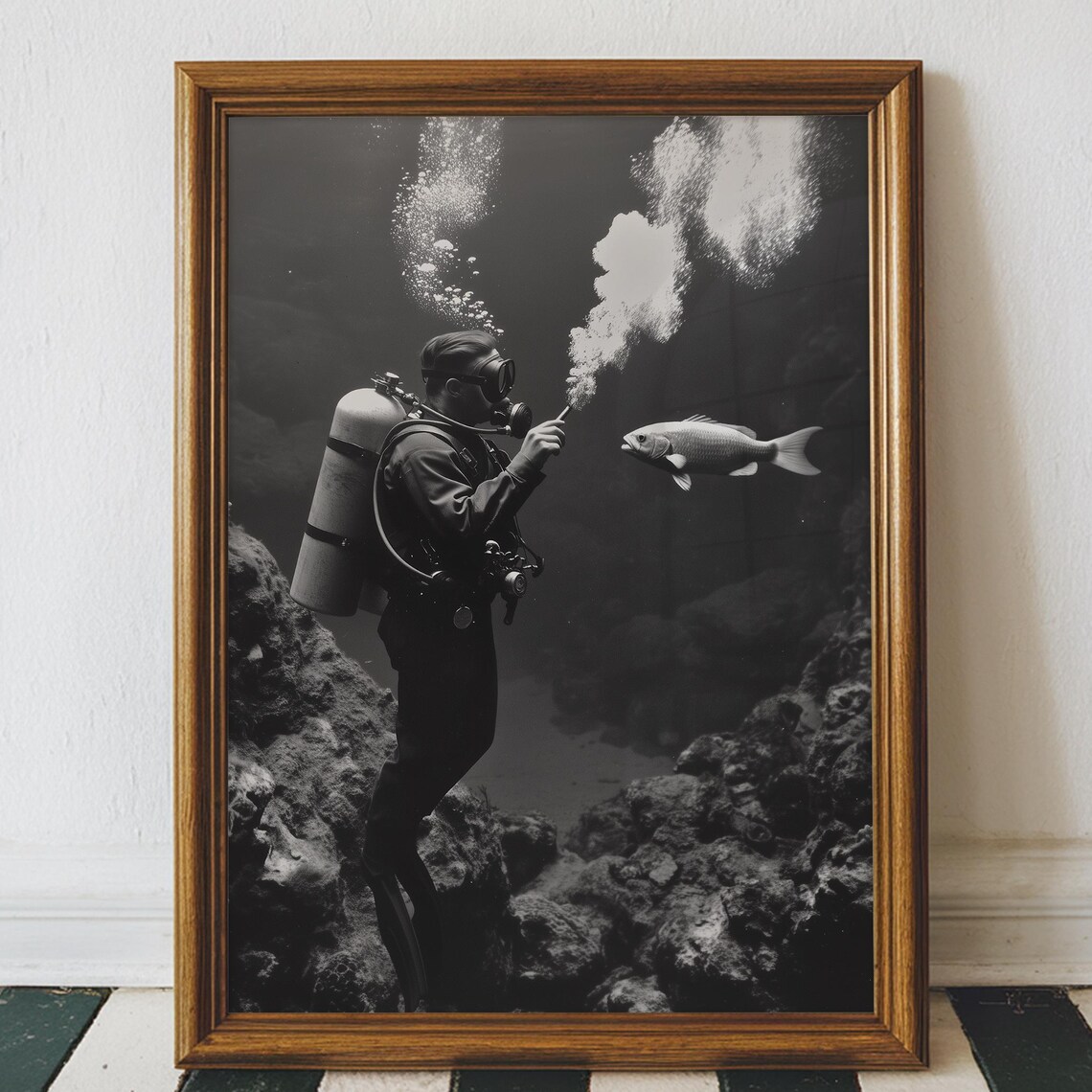 Funny Scuba Diver Fish Smoker Black And White Art Print