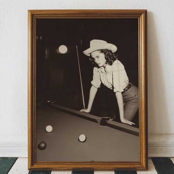 Vintage Cowgirl Pool, Black and White Western Art Print
