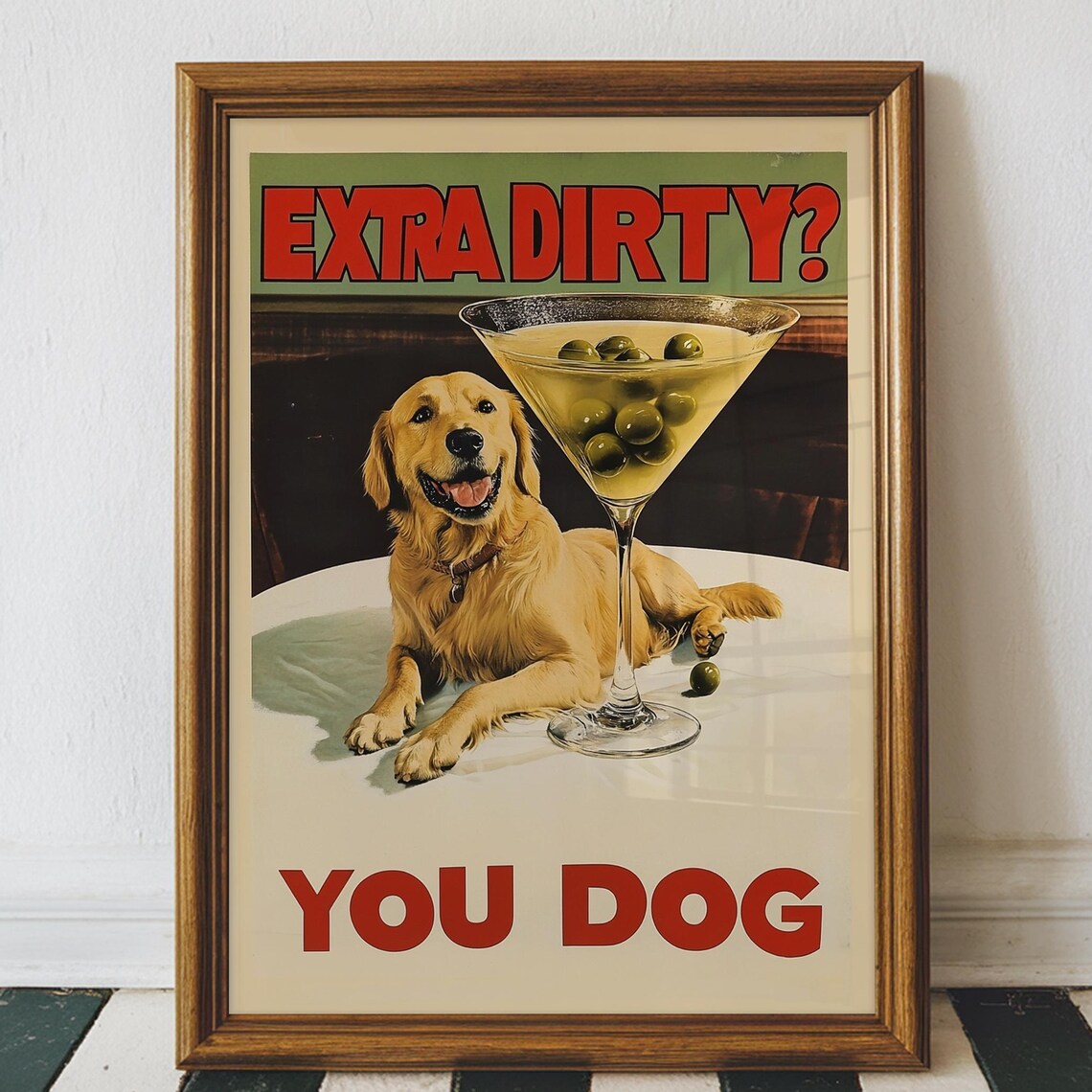 Funny Golden Retriever Vintage Dirty Martini Art Print
