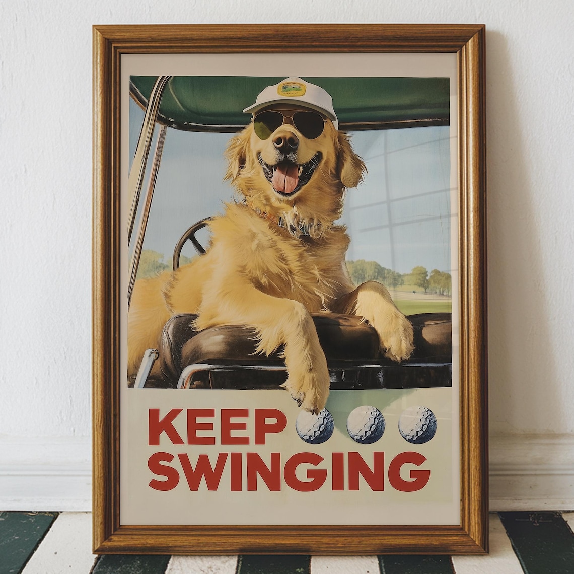 Funny Golden Retriever Golf Vintage Art Print