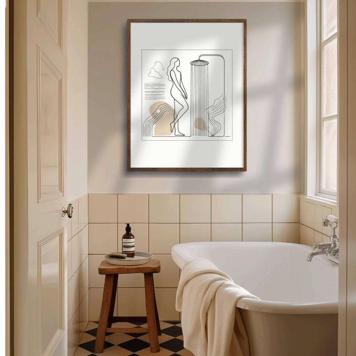 Woman Standing Under Shower Minimalist Line Art With Beige Shapes Print - Image 3