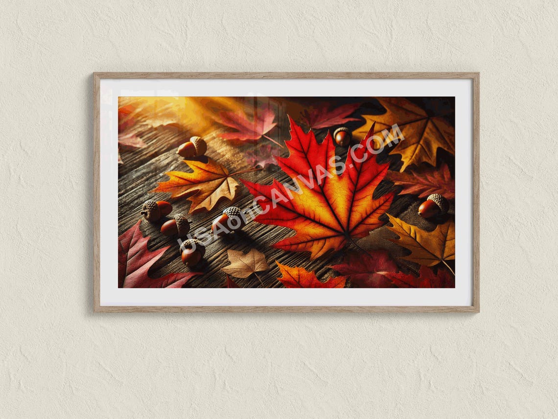 Red Maple Leaves And Acorns On Rustic Wood Fall Artwork Poster