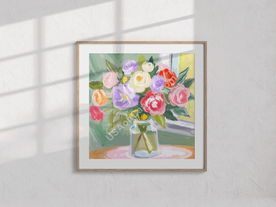 Colorful Roses Bouquet In A Glass Vase By Sunny Window Poster