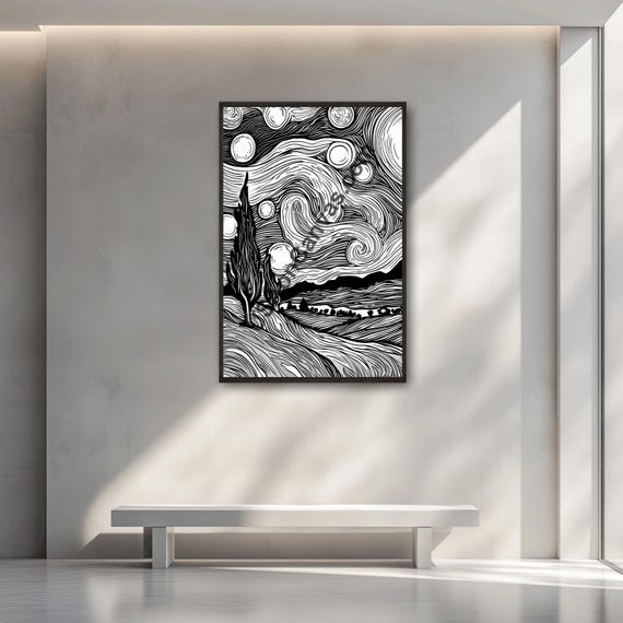 Black And White Starry Night Landscape Van Gogh Inspired Line Art Print Modern Wall Dcor Swirling Night Sky Artistic Design