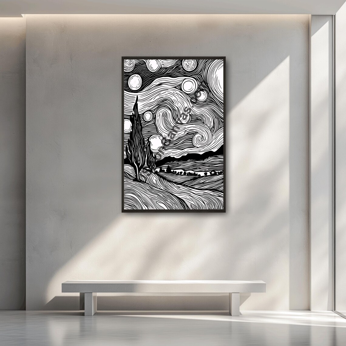Starry Night Swirling Sky in Bold Black and White Line Art Poster