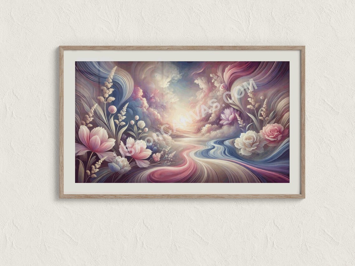 Floral Dreamscape With Pastel Blossoms And Flowing River Poster