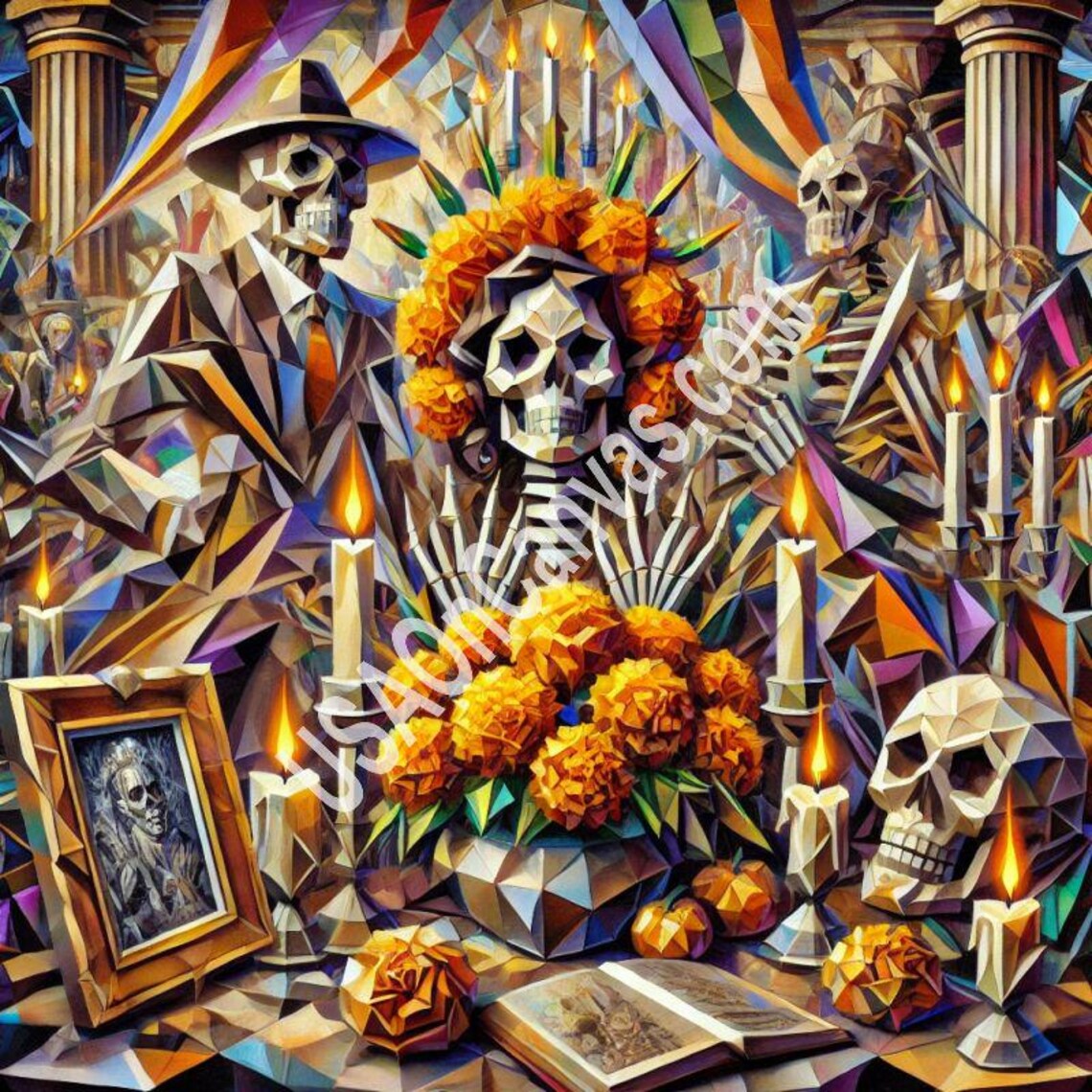 Cubist Day of the Dead Altar with Marigolds and Candles Poster