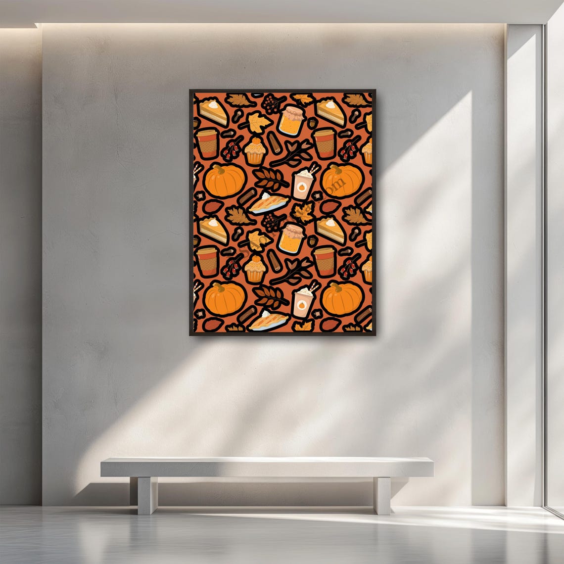 Fall Food Pattern with Pumpkins Pies and Pumpkin Spice Lattes Poster